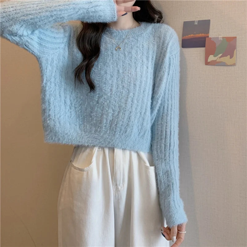 Fuzzy Knit Top Women Pullover Long Sleeve Plain Crop Sweate Pink Fluffy Jumper for Women Teen-girl Fall Winter Y2K Outfit voguable