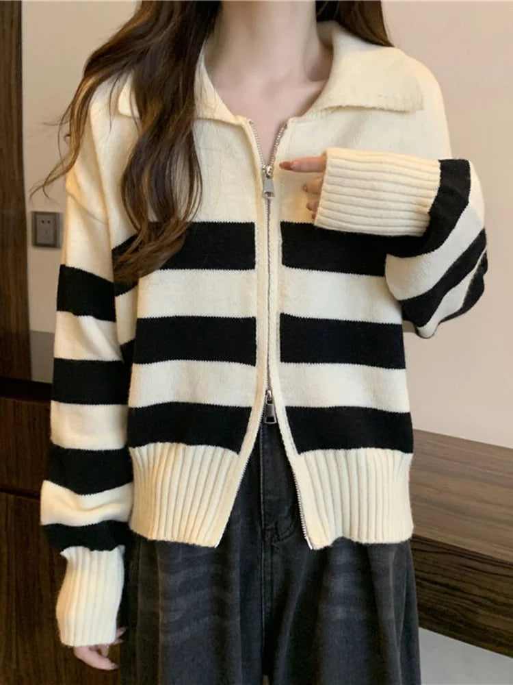Voguable  Chic Double Zipper Striped Cardigan Sweater Women Korean Casual Simple Knitted Tops Fall Winter Turn Down Collar Outwear voguable