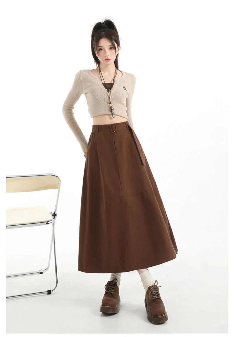 Retro Belt Long Skirt Women Casual Sweet High Waist A Line Skirts Preppy Style Fall Winter Lady Korean Vintage Long Skirts voguable