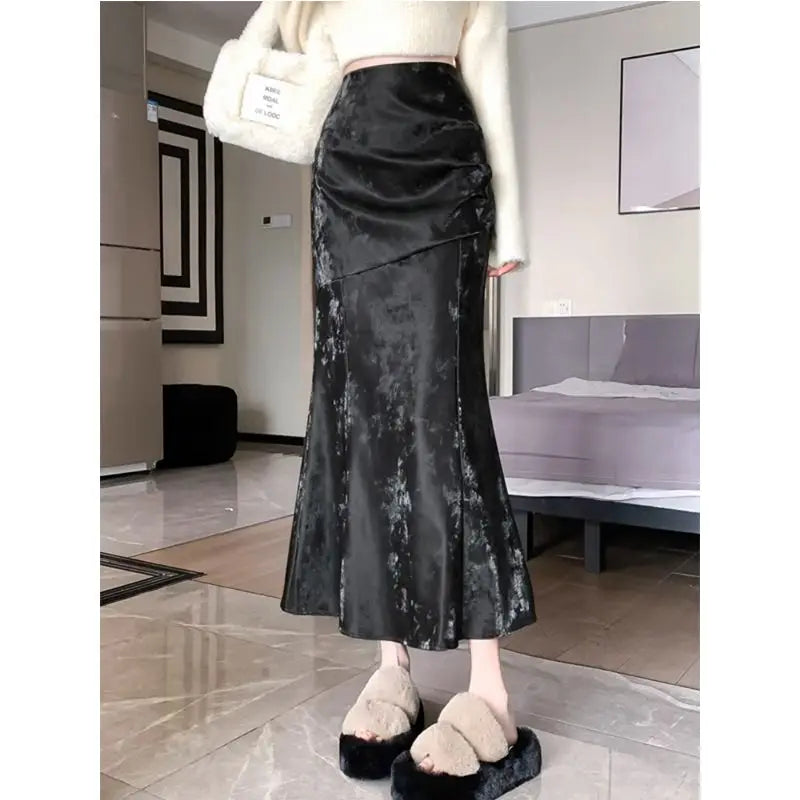 Irregular Pleated Skirt with Sweater in Autumn Winter New Chinese Women's Clothing Chinese Style Jacquard Fishtail Long Skirt voguable