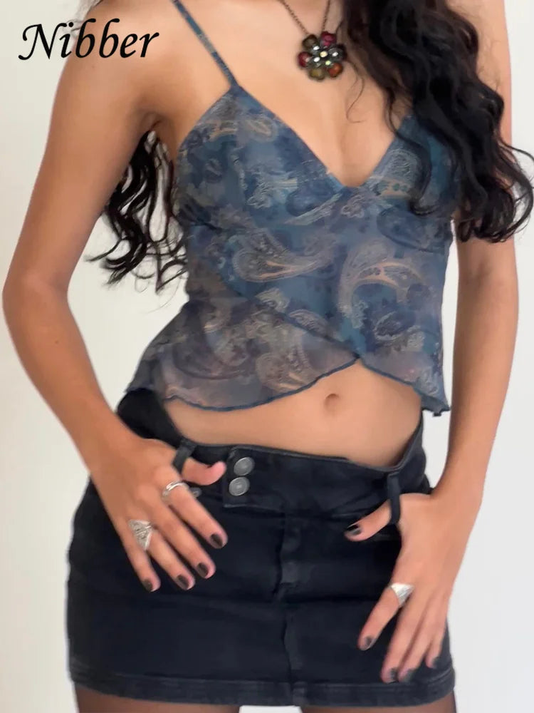 Nibber Mesh See Through Printed Vest Women Sexy Casual V-neck Sleeveless Suspender Camisole Patchwork Tank Top Streetwear voguable