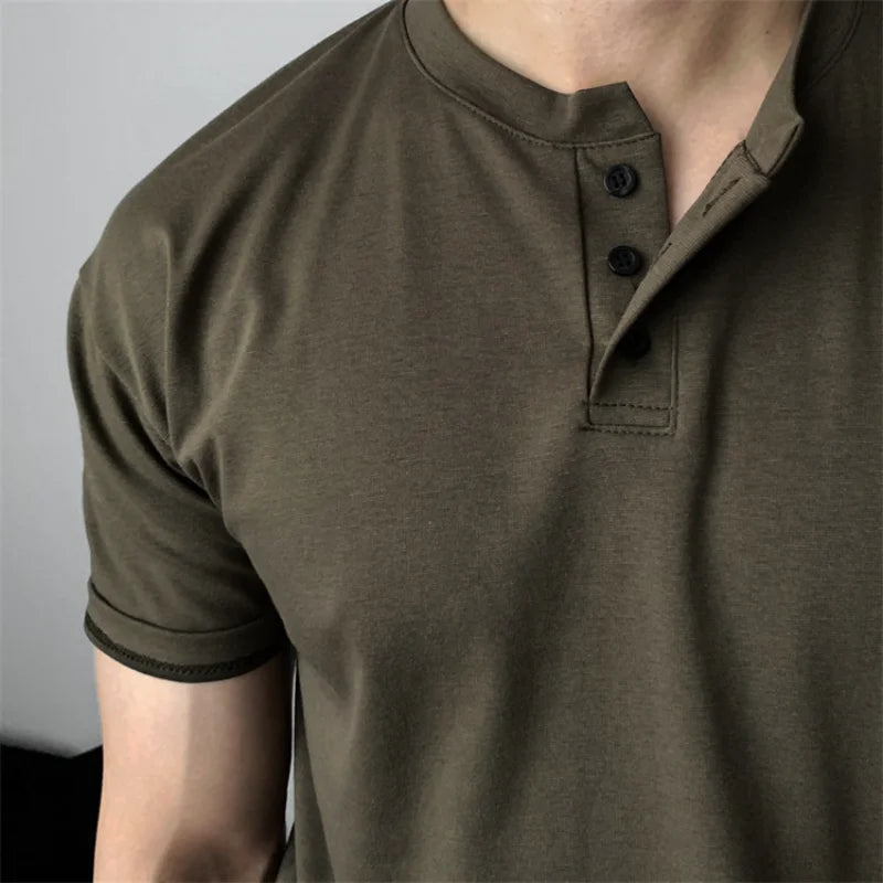 Summer Men‘s Short Sleeve Henley Neck T Shirts American Retro Casual Beach T-shirts Loose High-Quality Fitness Sports Shirt Tops voguable