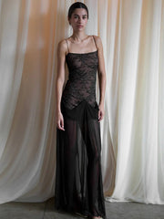 Lace Spaghetti Strap Sexy Maxi Dress Women Fashion Patchwork Sleeveless Backless See Through Club Party Long Dress voguable