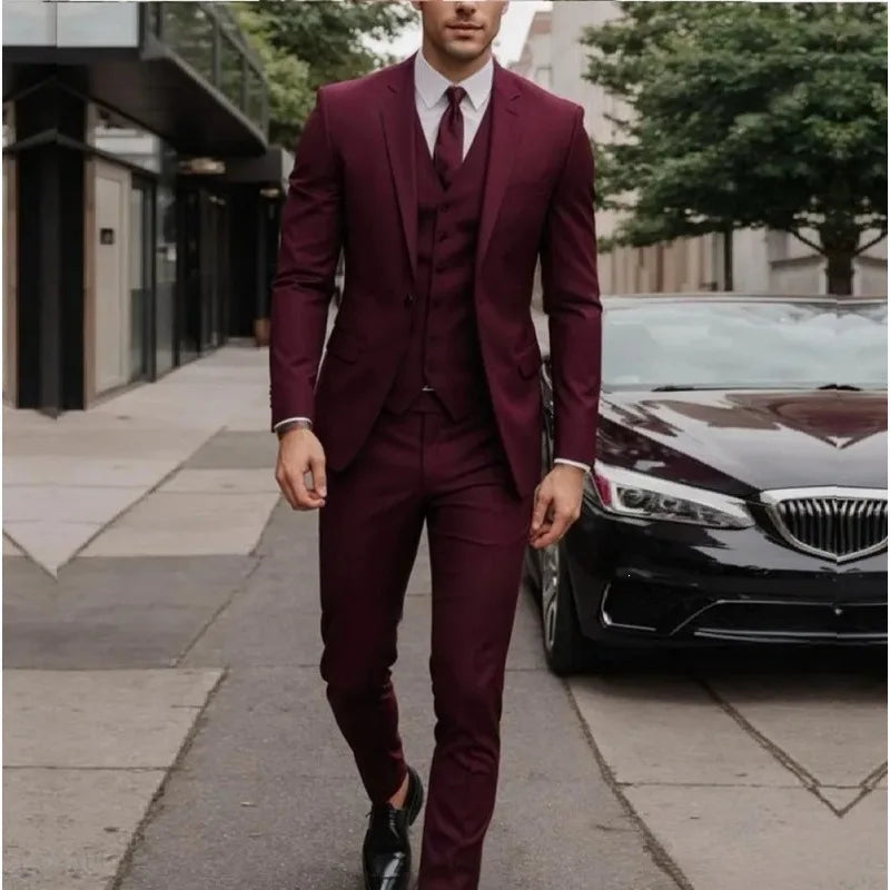 Voguable  New Solid Suits for Men Slim Fit Groom Wedding Suits Tuxedo Best Man Blazer Vest Pants 3 Pieces Fashion Marriage Costume voguable
