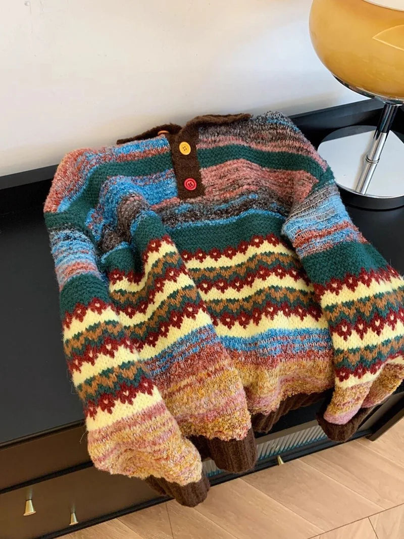 Vintage Print Harajuku Sweater Women Loose Fall Winter Sweet Knitted Jumper Casual Stand Collar Long Sleeve American Retro Tops voguable