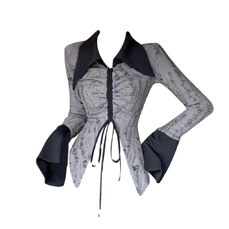Fall Women Dark Academia Y2k Streetwear Gyaru Contrast Color Long Sleeve Lapel T-Shirt Gyaru Design 2000s Aesthetic Grunge Top voguable