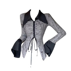 Fall Women Dark Academia Y2k Streetwear Gyaru Contrast Color Long Sleeve Lapel T-Shirt Gyaru Design 2000s Aesthetic Grunge Top voguable