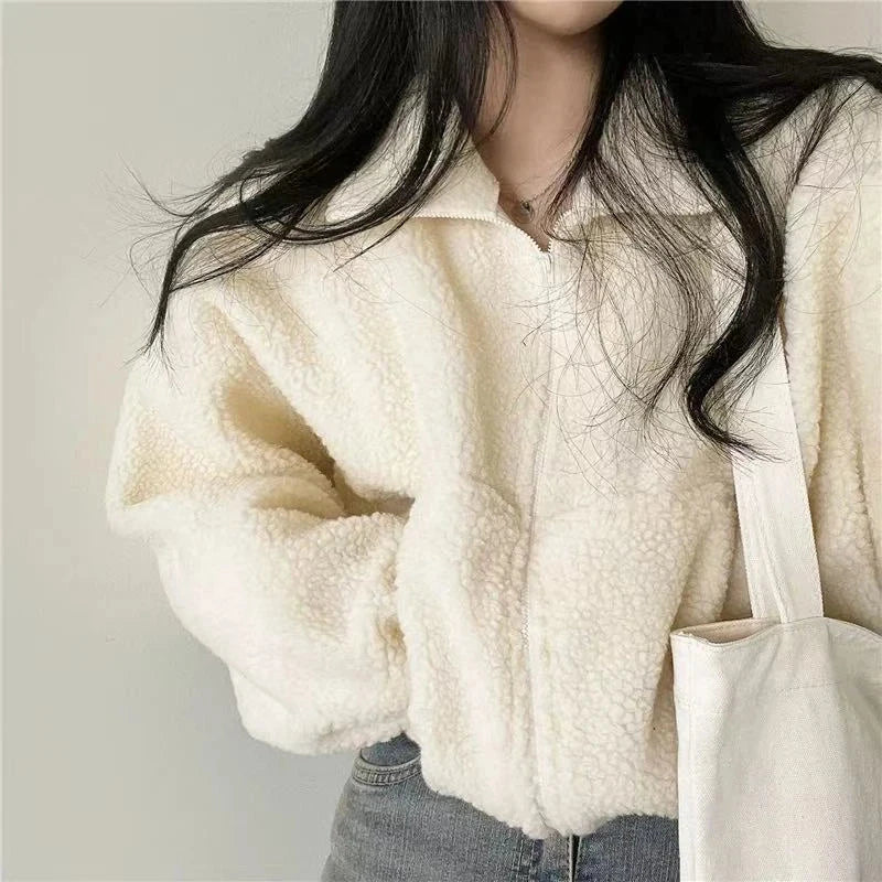 Artificial Lamb Wool Crop Jacket Women Autumn Winter Thick Warm Plush Coat Female Fashion Zipper Stand Collar Casual Outerwear voguable