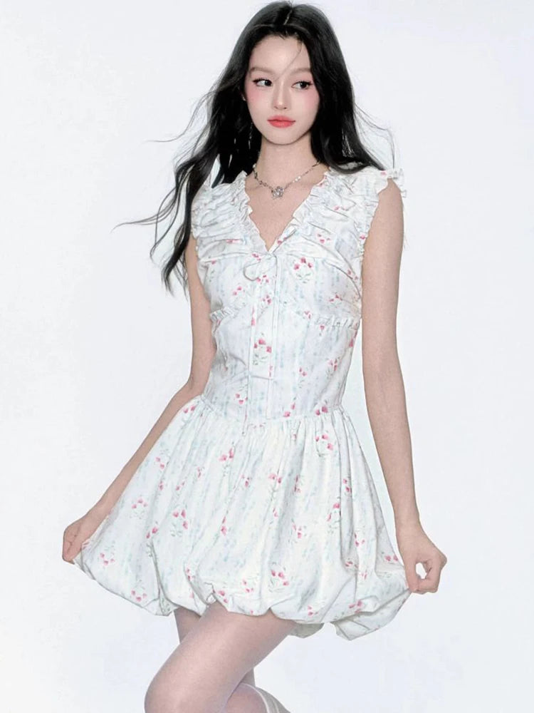 Floral V Neck Sexy Dress Women Casual Elegant Sleeveless Mini Dress Vintage Lace Up Female Korean Summer Beach Style Dress voguable