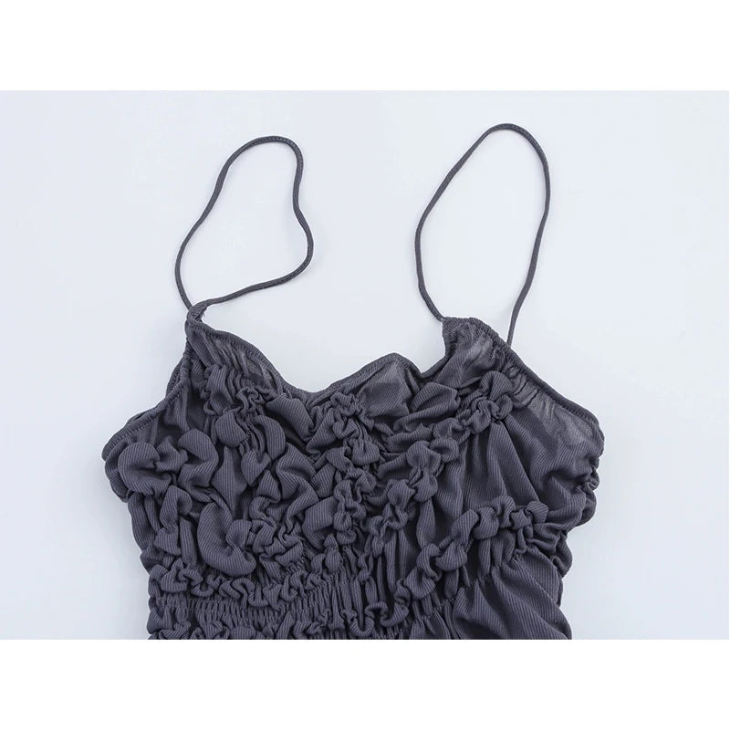 New Women Sexy Spaghetti Straps O Neck Ruched Asymmetrical Dress Holiday Summer Midi Vestidos voguable