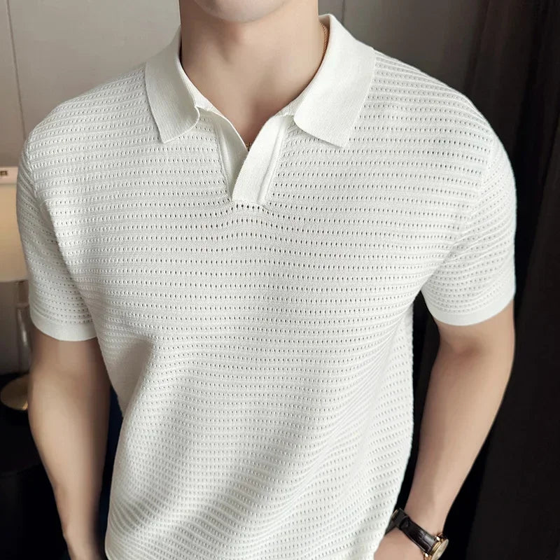Men's Polo Shirt 2024 Summer New Thin Knitted Hollow Striped Jacquard Solid Short Sleeved V-neck T-shirt Casual Men's Clothing voguable