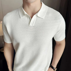 Men's Polo Shirt 2024 Summer New Thin Knitted Hollow Striped Jacquard Solid Short Sleeved V-neck T-shirt Casual Men's Clothing voguable