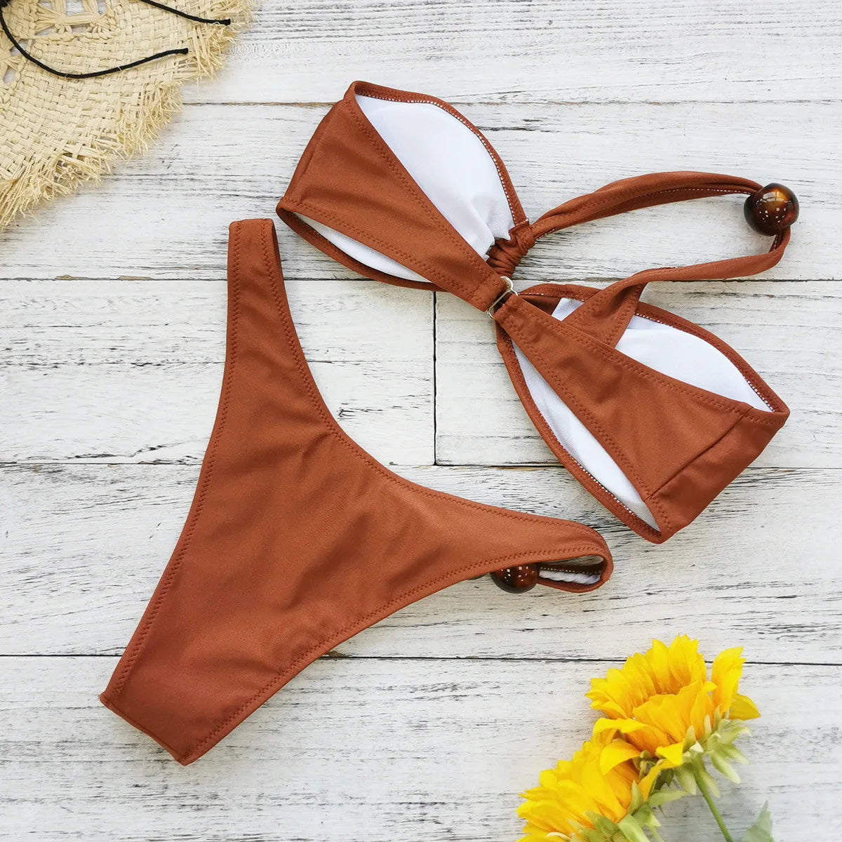 Voguable  Sexy One Shoulder Bikinis Sets Women Coffee Pleate Push Up Micro Swimsuit Summer Bathing Suit Bead String Thong Swimwear voguable
