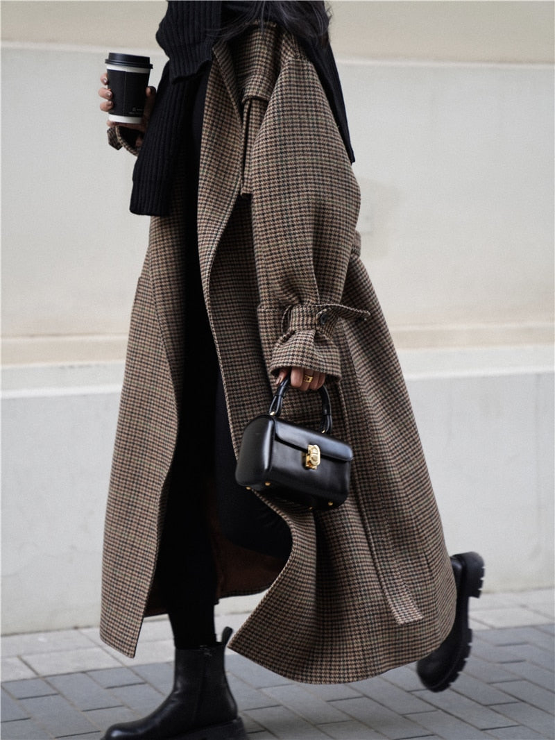 Autumn Winter Long Loose Stylish Warm Plaid Wool Blends Coat Women Sashes Luxury Designer Runway European Fashion voguable