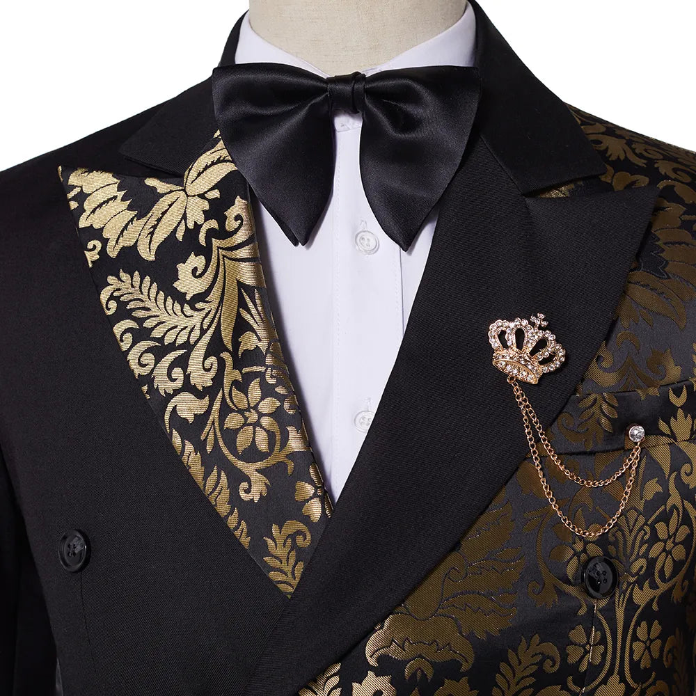 Voguable  Double Breasted Black Gold Floral Jacquard Slim Fit Mens Suits Wedding Groom Tuxedos Party Jacket Pant Terno Masculino voguable