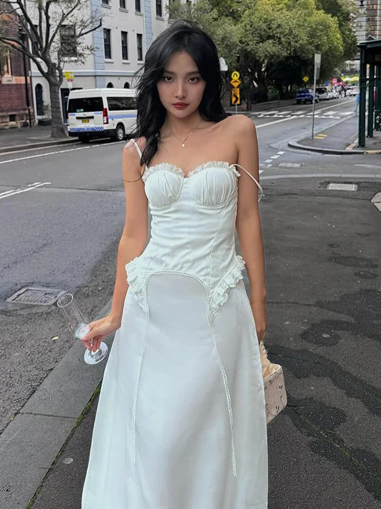 Patchwork Lace Camisole Women Y2K Strapless Fungus Edge Irregular Hem Tassel Skinny Backless Summer Sexy Classic Tops voguable
