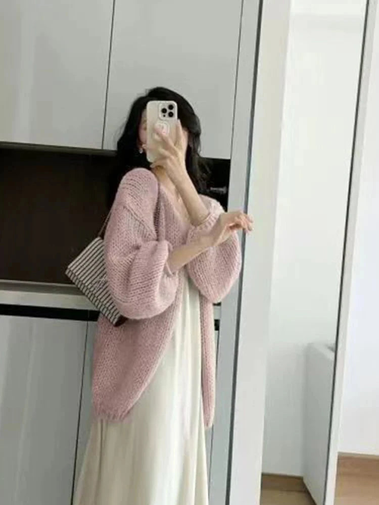 Lazy Wind Retro Cardigan Women Casual Loose Long Sleeve Korean Knitted Sweaters Coats Vintage Fall Winter Simple Solid Tops New voguable
