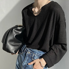 Men's Retro Loose Lazy Stylish Long Sleeve T-Shirt Casual O Neck Solid Exposed Clavicle Tops Breathable Basic Shirt 2024 New voguable