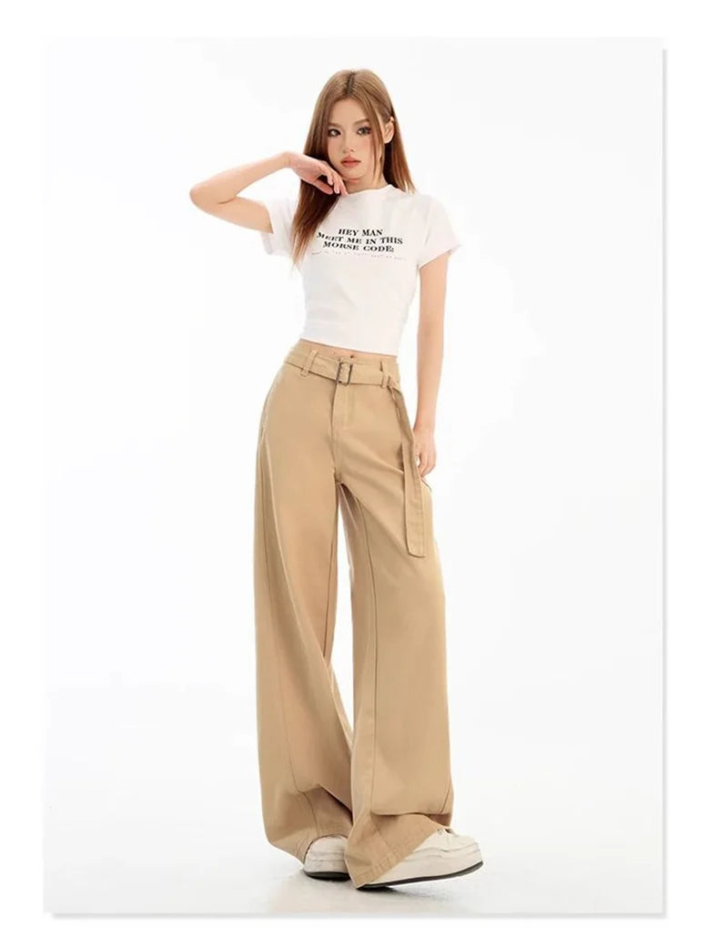 Belt Retro Khaki Jeans Women Y2K High Waist Loose Streetwear Denim Pants Casual American Vintage Autumn Wide Leg Trousers voguable