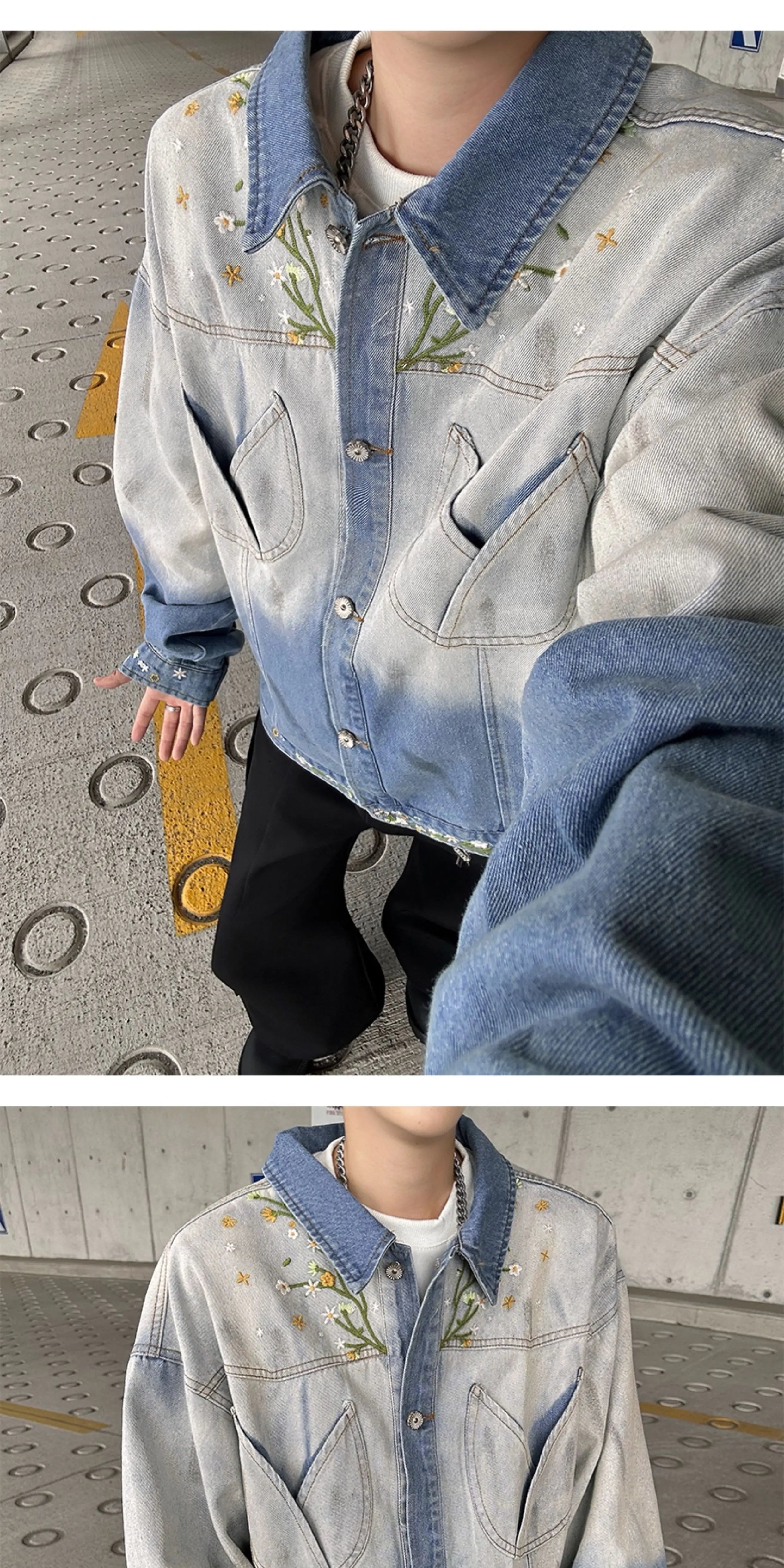 American Gradient Floral Embroidered Denim Jackets Men Women Korean Version Heavy Loose Tops Trendy Design Jackets Aesthetic voguable