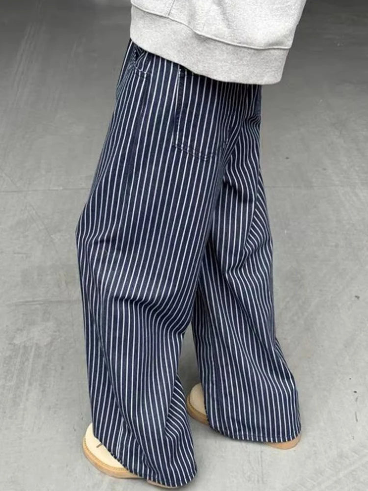 Vintage Blue Striped Jeans Women Casual High Waist Loose American Denim Pants Harajuku Streetwear Bf Hip Hop Wide Leg Pants voguable