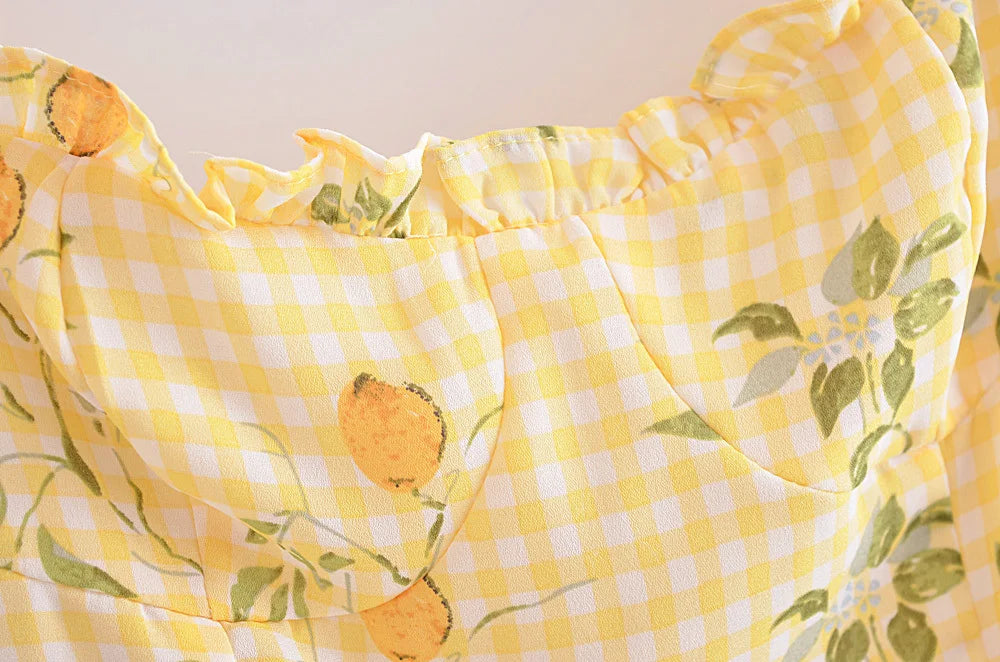 Voguable  Women Plaid Lemon Print Yellow Sling Short Dress Vintage Ladies Summer A-line Chiffon Dress French Style voguable