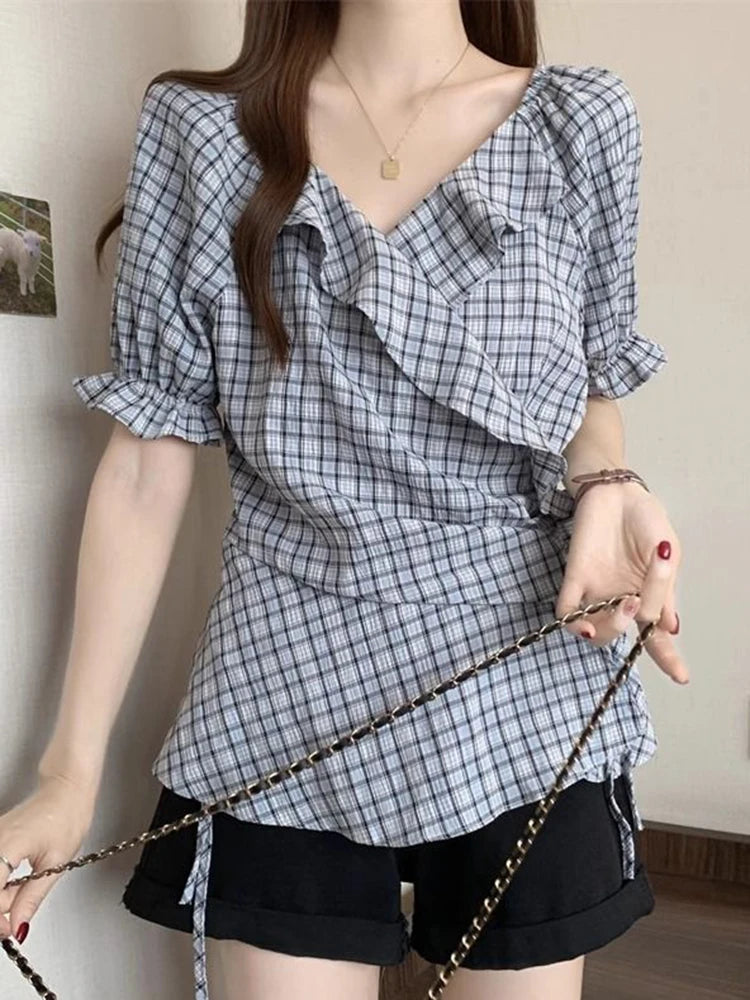 Ruffles Vintage Plaid Blouse Women Causal Sweet Slim Short Sleeve Shirt Korean Retro Female Lace Up Elegant Design Tops New voguable