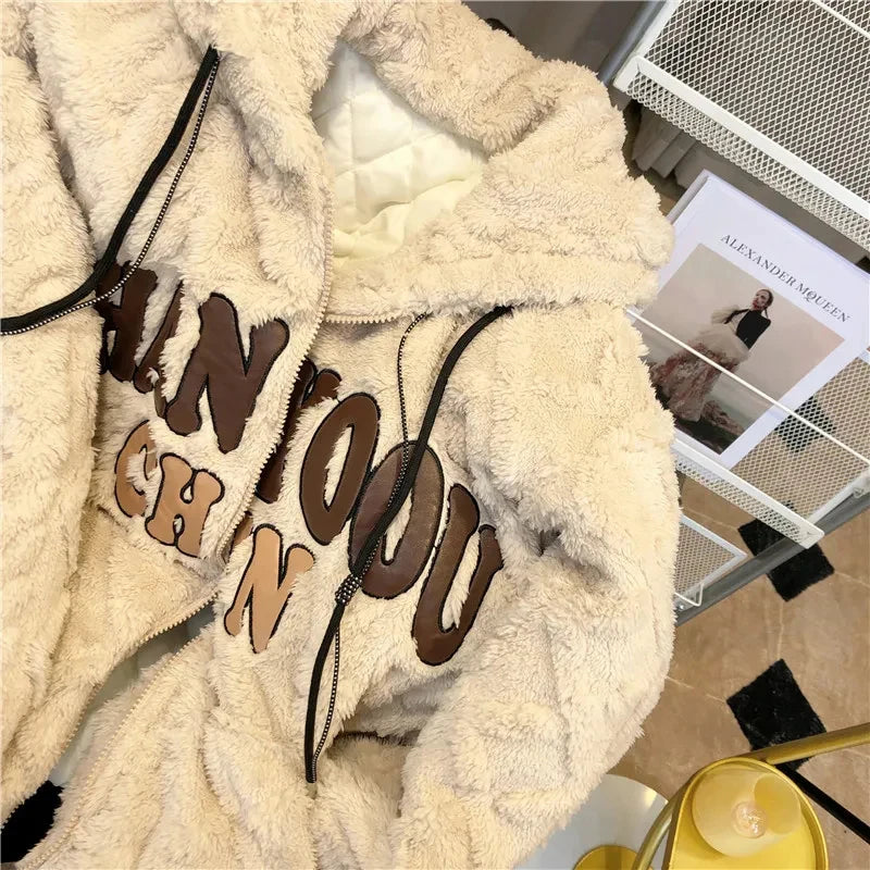 Artificial Lamb Plush Hoodeds Coats Women Winter Thick Warm Long Sleeve Loose Sweatshirts Y2K Ladies All-Match Plush Outerwear voguable