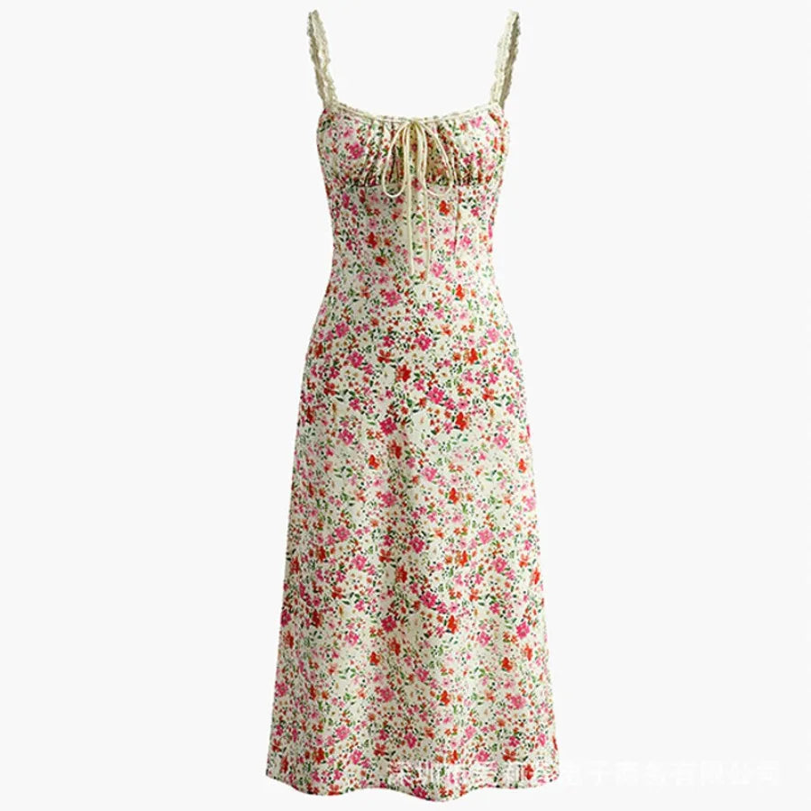 Voguable  European and American French vacation style sweet fashion pure desire lace suspender floral dress voguable