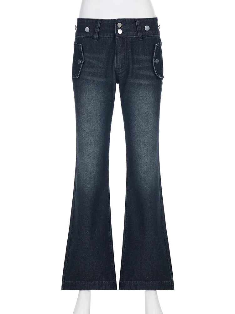 Safari Style Button Decoration Jeans Basic Loose Low-Waisted Wide Leg Pants Women Autumn Winter Streetwear Ladies voguable