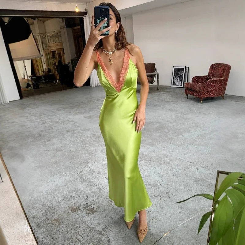 Voguable  Contrast Lace V-Neck Camisole Women's Sleeveless Long Dress Slim Summer Beach Style Female Halter Party Dress Dress voguable
