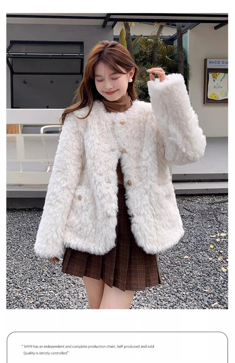 Winter Chic Faux Lamb Coat Women Korean Long Sleeve O Neck Fashion Jacket Sweet Warm Female Elegant All Match Solid Outwear Tops voguable