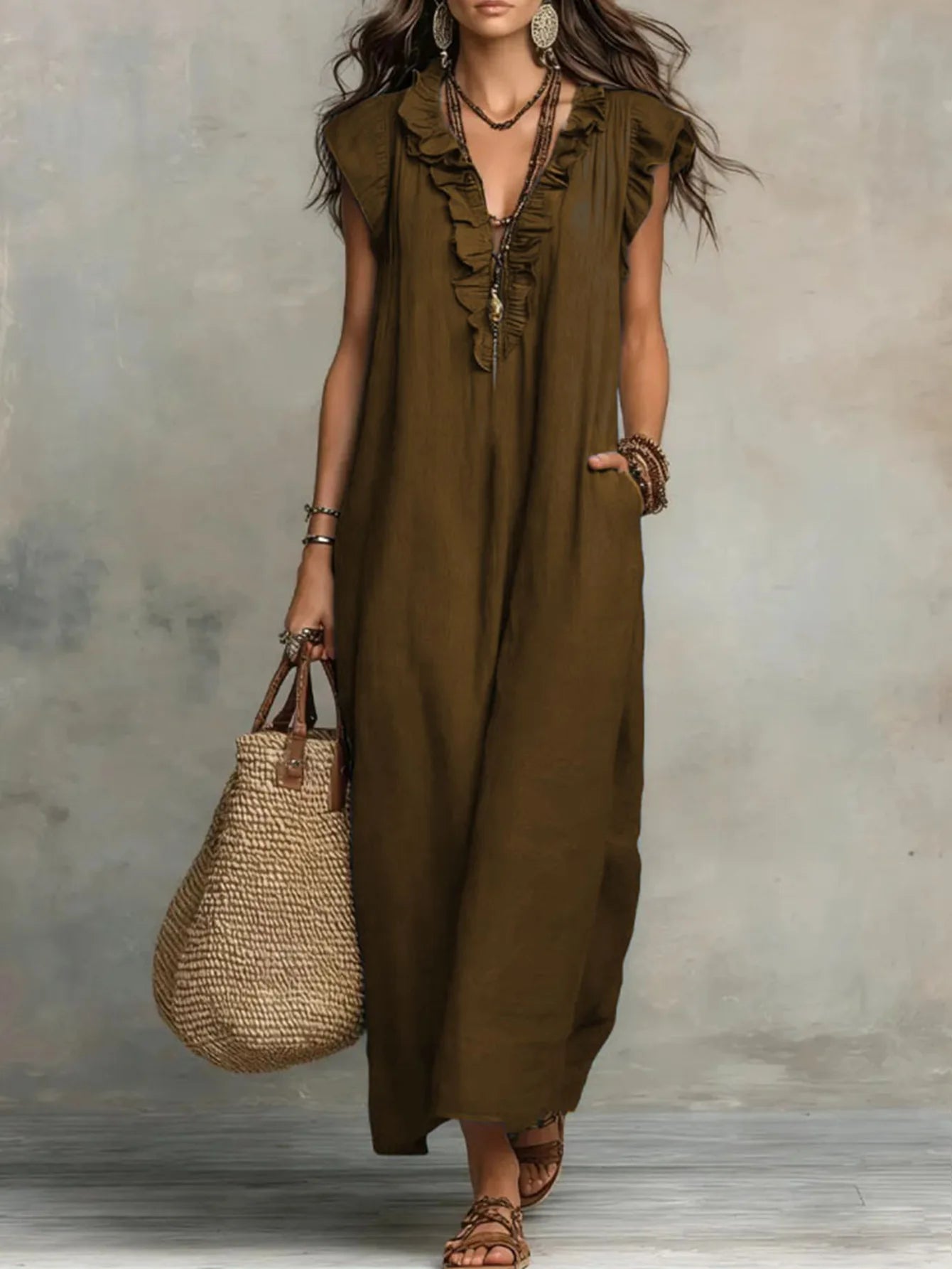 Voguable  New Ruffles V-neck Casual Solid Color Straight Tube Long Dresses Summer Casual Loose Fit Flying Sleeve Pocket Women's Dress voguable