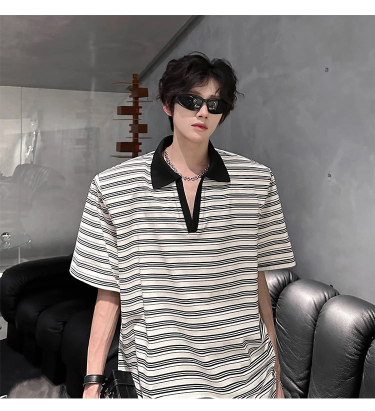Men Loose Fit Striped Polo Shirt Casual Fashion Collar T-Shirt man Breathable Streetwear Summer Top Tee Trendy Mens Clothing voguable