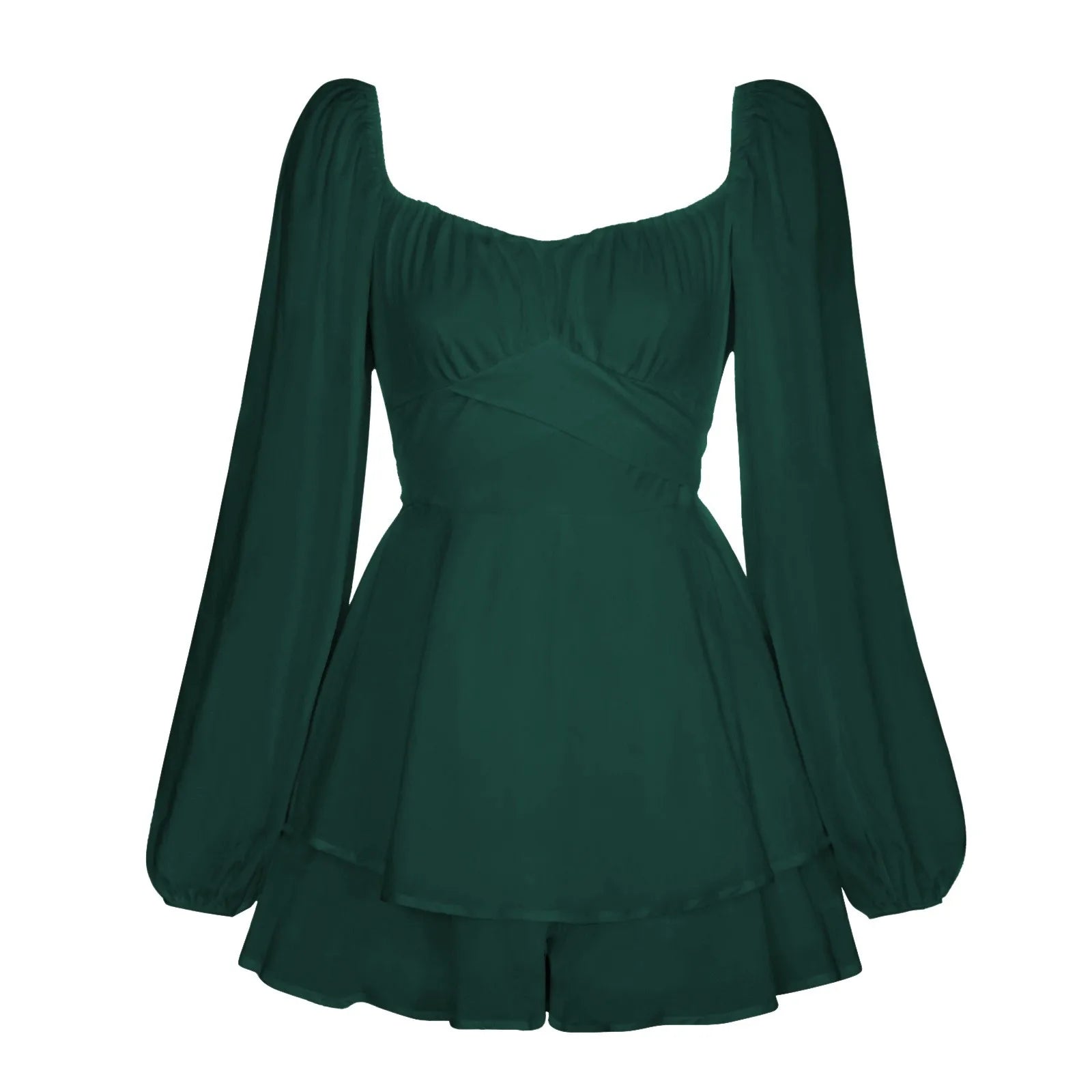 Women's Autumn Ruffled Dresses White Mini Dresses Square Neck Lantern Sleeve Long Sleeve Flounced Edge Casual Dress Female