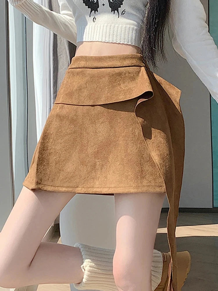 Sexy Slim Faux Suede Skirt Women High Waist Streetwear Vintage Bow Mini Skirts Fall Winter Casual American A Line Skirt New voguable