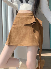 Sexy Slim Faux Suede Skirt Women High Waist Streetwear Vintage Bow Mini Skirts Fall Winter Casual American A Line Skirt New voguable