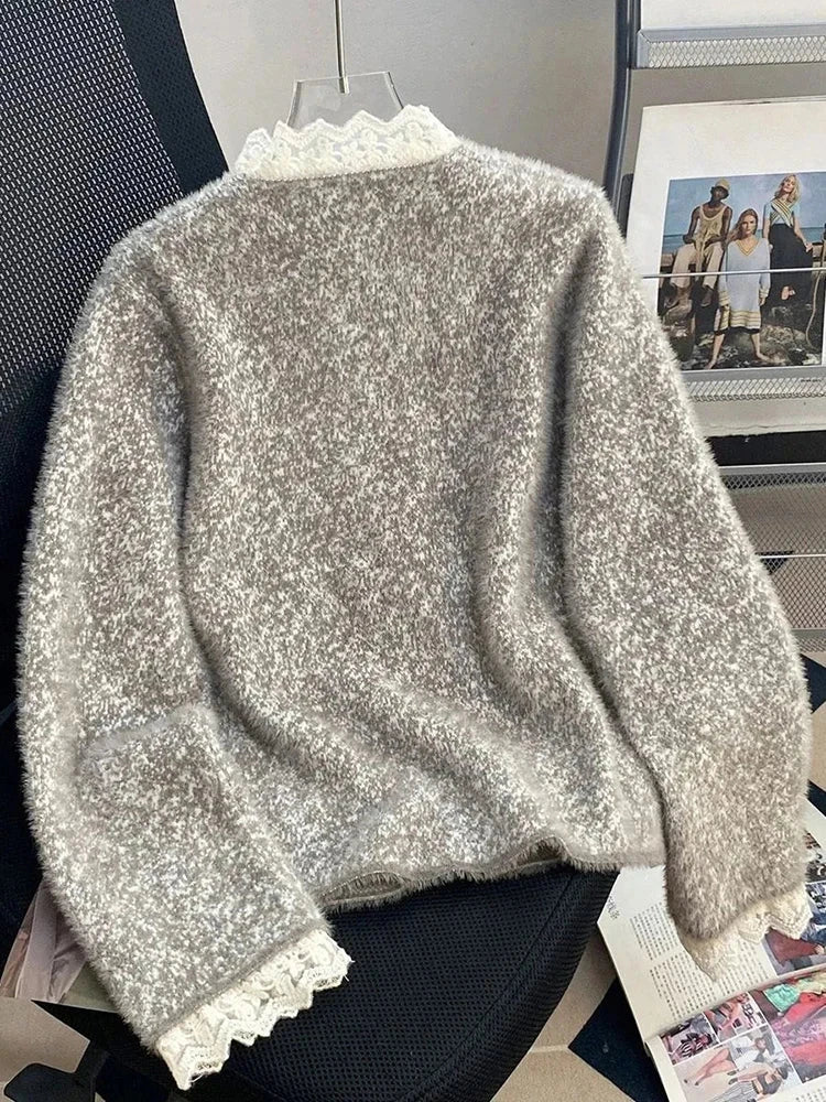Faux Mink Cashmere Gray Cardigan Women Lace Patchwork Long Sleeve Elegant Knitted Sweaters Vintage Korean Casual Pockets Tops voguable