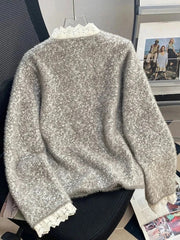 Faux Mink Cashmere Gray Cardigan Women Lace Patchwork Long Sleeve Elegant Knitted Sweaters Vintage Korean Casual Pockets Tops voguable