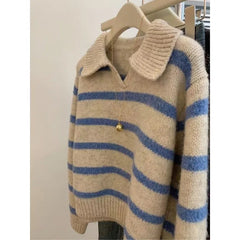 Voguable  Lapel Blue Striped Autumn Winter Sweater Long-sleeved Sweater Pullover Top Layered Versatile Short Style voguable