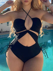 Voguable  Drawstring Swimsuit Solid Cut Out Knot Halter One Piece Swimwear Women Padded Bathing Suit Female Swimming Summer Beachwear voguable