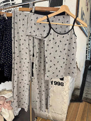 Skull Print Gray Vest Pants 2 Pieces Set Pajama Woman Sleeveless Slim Tank Top High Waist Straight Long Pant Cotton Vintage Sets voguable