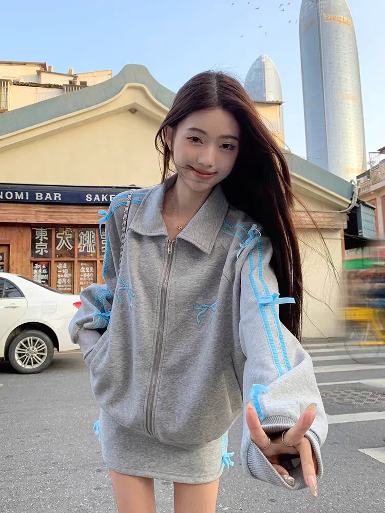 Voguable 2 Piece Skirt Sets Female Y2k Clothing Zipper Bow Sweet Korean Fashion Hoodie Suits Women Studentseven Party Outwear 2024 voguable