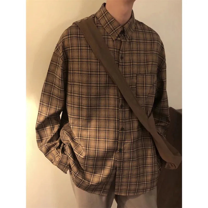 Men's Leisure High Street Check Shirts Japanese Cardigan Fashion Retro Long Sleeve Casual High Quality Tops Spring 2025 New voguable