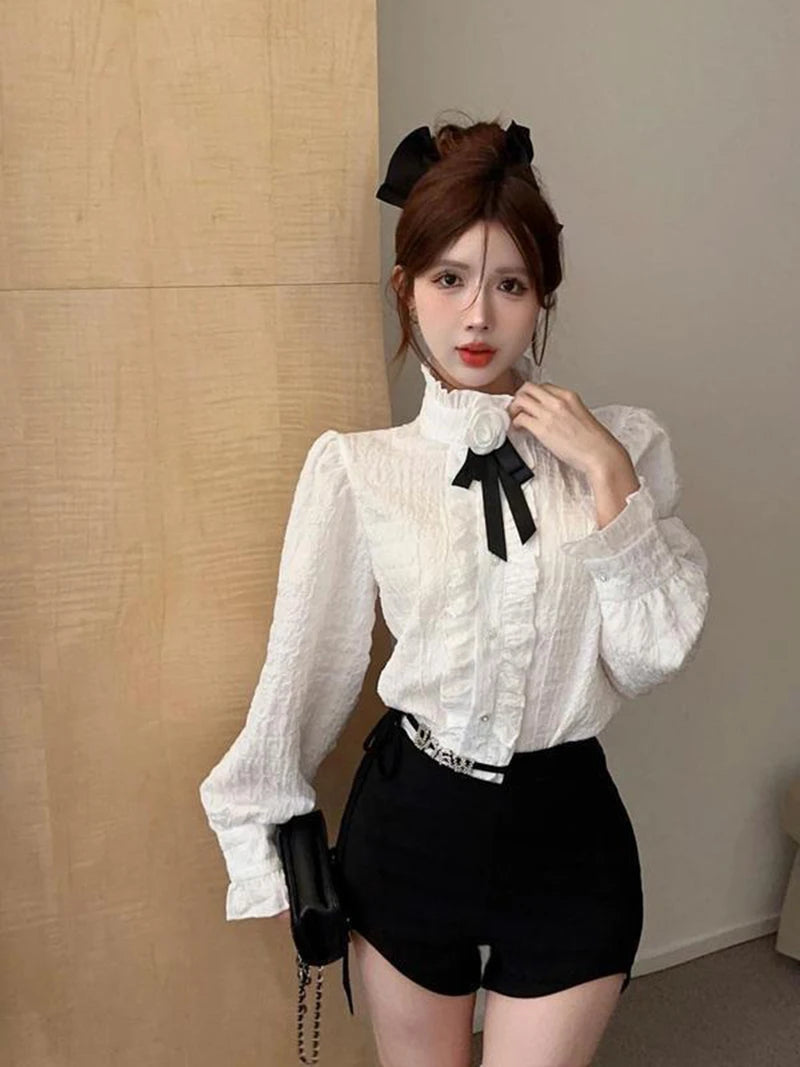 3D Floral Bow Shirt Women Elegant Long Sleeve Retro Korean White Blouse Casual Design Female Vintage Sweet Tops Spring New voguable
