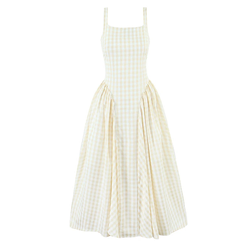 Lace Up Bandage Plaid Sling Dress Women Elegant Square Neck Low Waist A-line Midi Summer Dresses Holiday Party Robe 2025 voguable