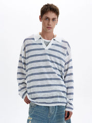 American Retro Striped Contrasting Color V-neck Long-sleeved Polo Shirt Men Women Loose Casual Bottoming Trendy Tops Aesthetic voguable