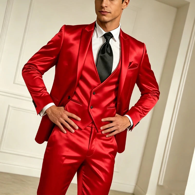 Voguable  Luxury Men's Satin Suit 3 Piece Set Notch Lapel Slim Fit 1 Button Blazer Vest Pants for Formal Groom Groomsmen Prom Party voguable