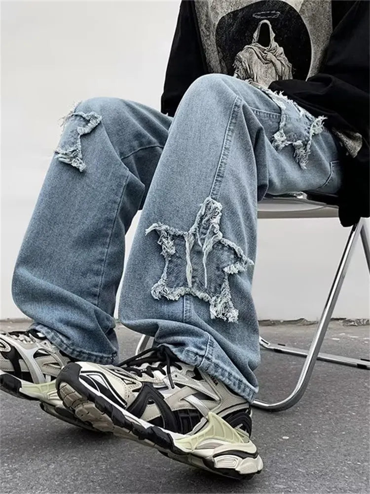 New Fashion Stars Towel Embroidery Baggy Men Jeans Pants Y2K Clothes Straight Hip Hop Cotton Trousers Pantalon Homme mens jeans voguable