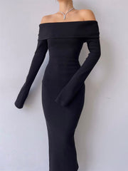 Black Knitted Off-Shoulder Long Dress mysite